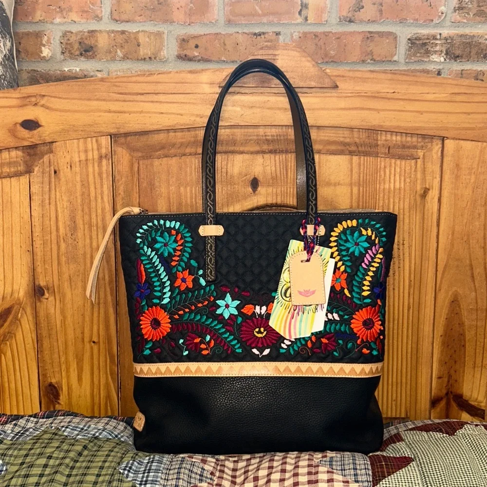 Consuela Black Tote with Multicolor Floral Embroidery - Picture 2 of 16